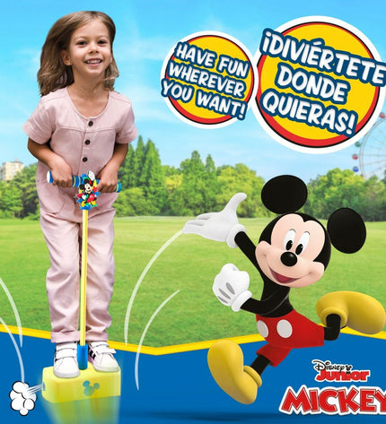 Four Mickey Mouse themed pogo jumpers for kids, colorful 3D design, suitable for outdoor recreational sports activities.