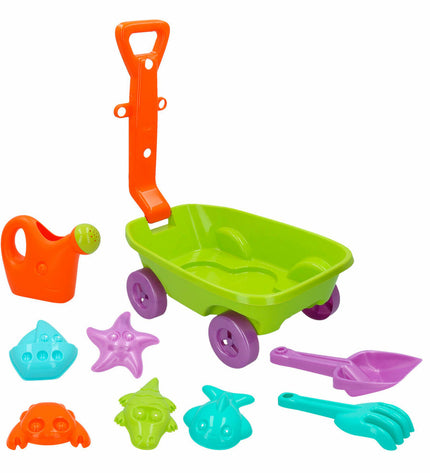 Colorbaby plastic toy wheelbarrow set with 12 colorful play tools for outdoor and indoor fun, suitable for children.