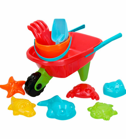 Colorbaby plastic toy wheelbarrows set with 10 colorful toy tools for outdoor play and children's games.