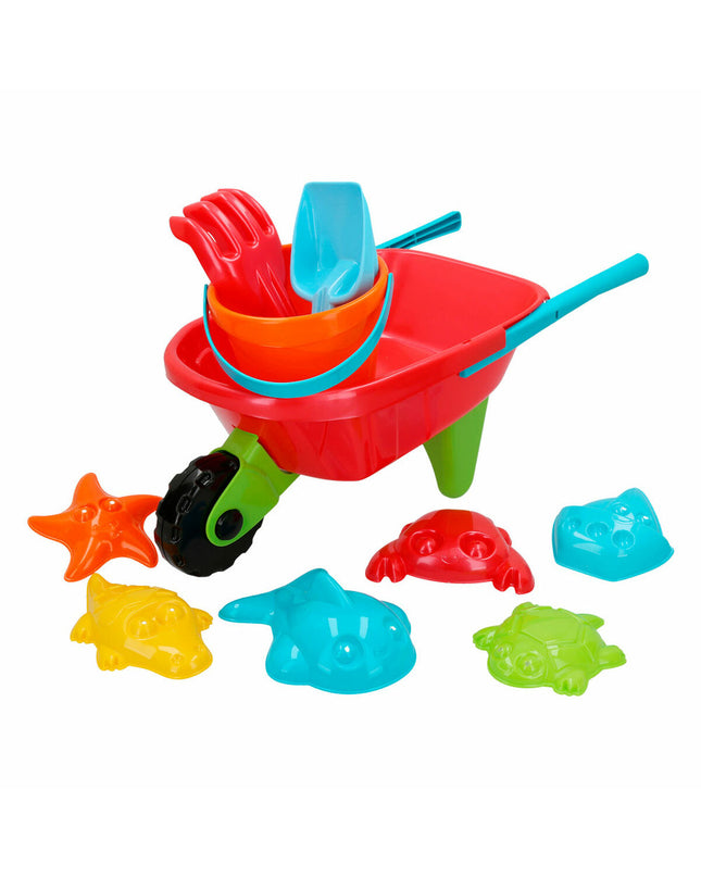 Colorbaby plastic toy wheelbarrows set with 10 colorful toy tools for outdoor play and children's games.