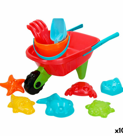Colorbaby strand speelgoedset with 10 colorful plastic wheelbarrows for outdoor play, made of durable polypropylene.