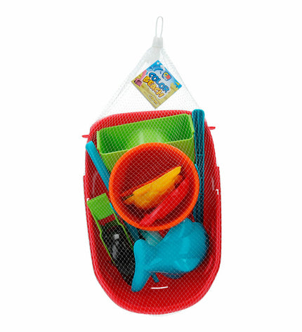Colorbaby plastic toy wheelbarrow set with 10 colorful durable polypropylene toy wagons for outdoor play.