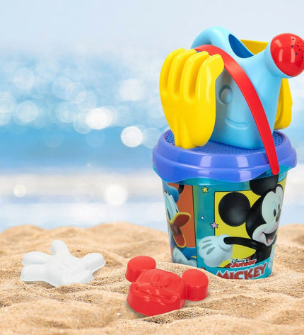 Set of 12 Mickey Mouse plastic beach toys, including 18 cm sand tools, made of polypropyleen, suitable for outdoor play.