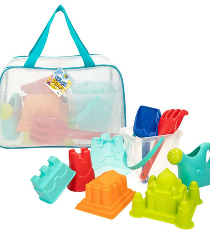 Colorbaby Polypropyleen strand speelgoedset with 12 colorful pieces, ideal for outdoor play and children's games.