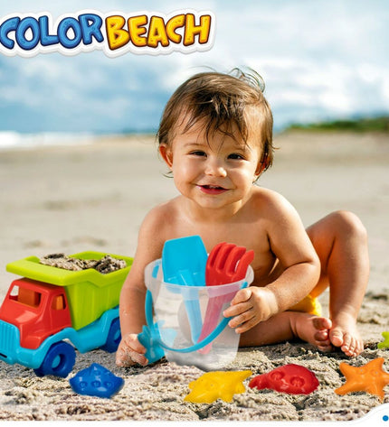 Colorbaby polypropyleen strandspeelgoedset with 8 pieces, suitable for outdoor play and children’s games, featuring colorful plastic strands