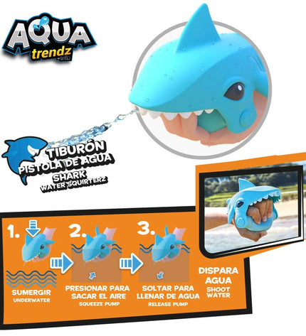 Set of four Eolo shark-themed water guns and diving goggles, colorful outdoor toys for kids, measuring 18x15x8.5 cm.