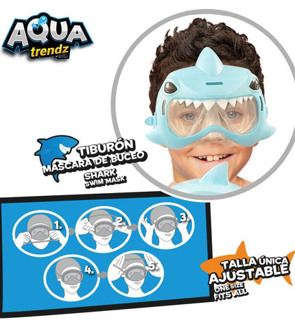 Set of four Eolo shark-themed water guns and diving goggles for outdoor play, featuring blue shark designs and compact size.
