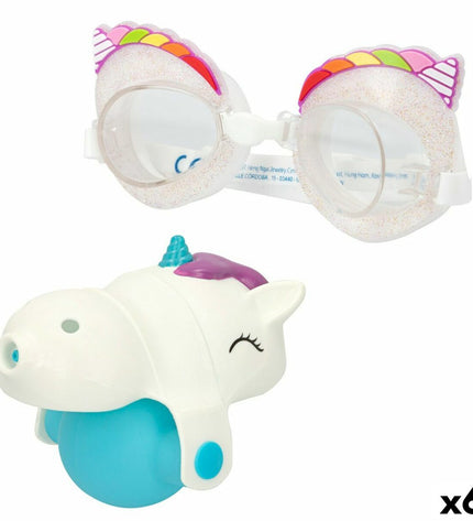 Eolo Unicorn water pistol set with six colorful toy water guns, each approximately 14x6x3 cm, for outdoor play.