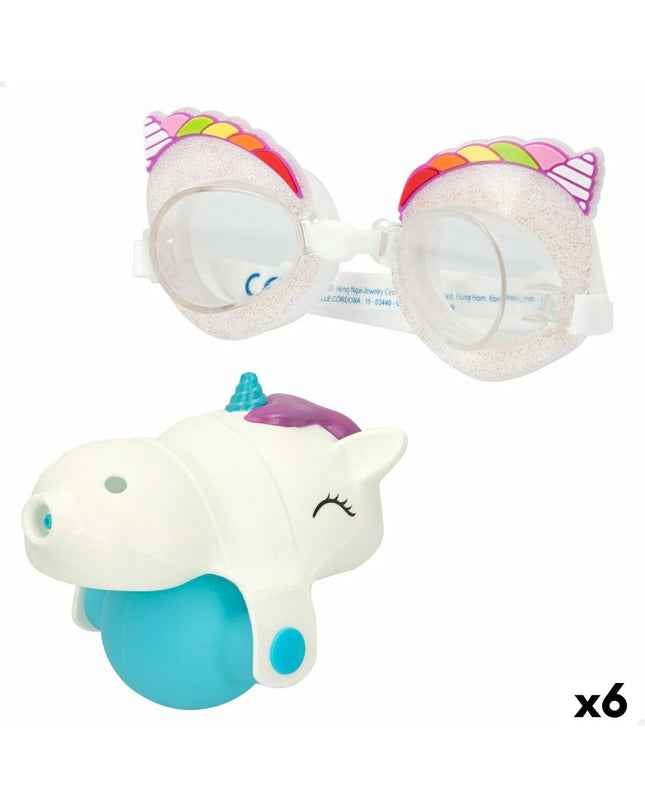 Eolo Unicorn water pistol set with six colorful toy water guns, each approximately 14x6x3 cm, for outdoor play.