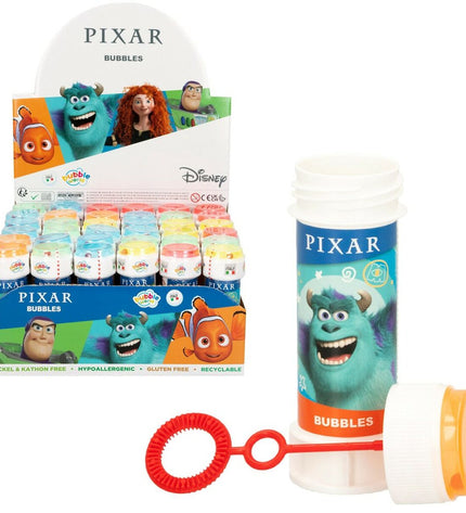 Pixar Bellenblazer 60ml toy bubble solution, colorful bubble wand set with 216 pieces for outdoor play and fun activities.