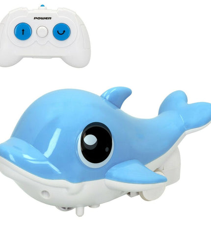 Two Colorbaby dolphin remote-controlled boats in blue and yellow, toy vehicles designed for kids' play.