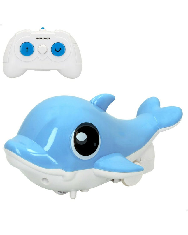 Two Colorbaby dolphin remote-controlled boats in blue and yellow, toy vehicles designed for kids' play.