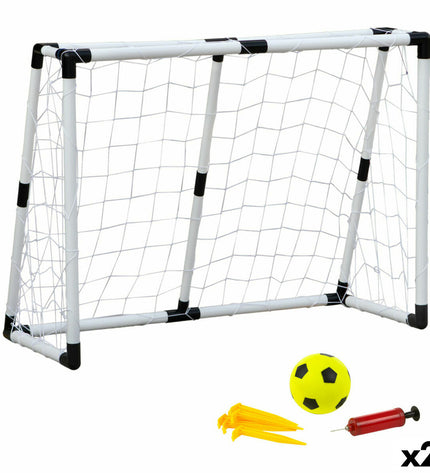 Pair of Colorbaby soccer goals, 131 x 101 x 59 cm, for outdoor sports and outdoor use, set up for backyard football games.