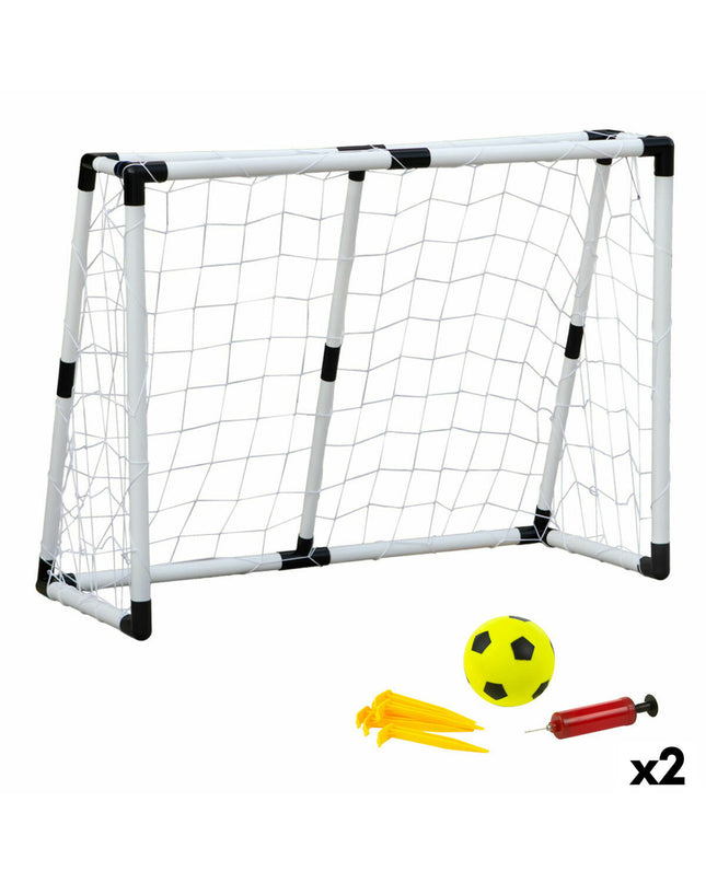 Pair of Colorbaby soccer goals, 131 x 101 x 59 cm, for outdoor sports and outdoor use, set up for backyard football games.
