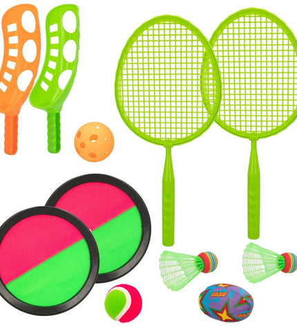 Colorbaby 4-in-1 racquet set with four lightweight plastic racquets in bright colors, ideal for outdoor play and sports.