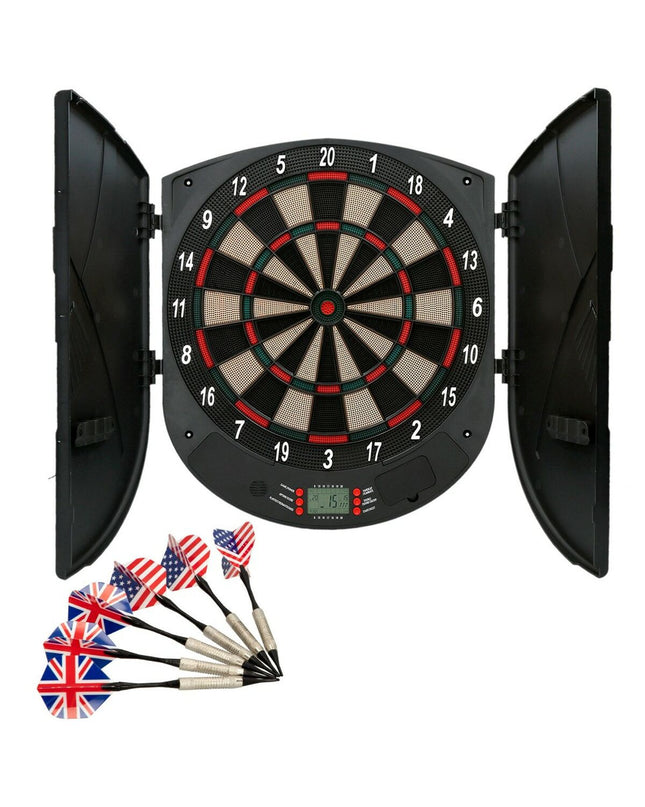 Two Aktive electronic dartboards measuring 45x50x4.5 cm, featuring digital scoring and vibrant dart targets for indoor gameplay.