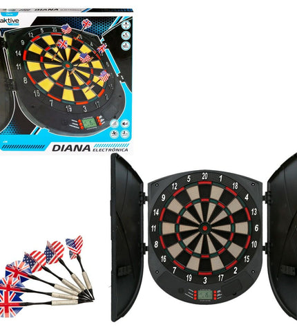 Two Aktive electronic dartboards, measuring 45x50x4.5 cm, with dart targets and electronic scoring displays.