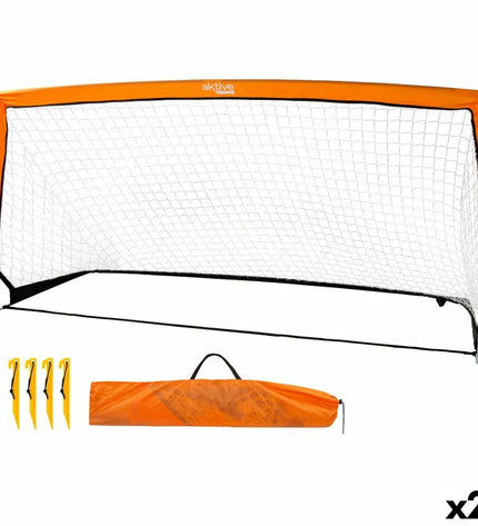 Pair of Aktive football goals, 200 x 100 x 100 cm, suitable for outdoor soccer, shown assembled with goalposts and nets.