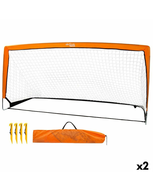 Pair of Aktive football goals, 200 x 100 x 100 cm, suitable for outdoor soccer, shown assembled with goalposts and nets.