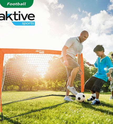 Pair of Aktive soccer goals, 200x100x100 cm, outdoor sports equipment, with sturdy metal frames for soccer practice and matches.
