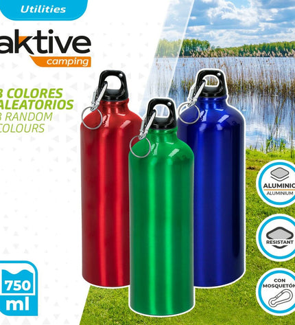 Aktive 750ml aluminium water bottle with carabiner, ideal for outdoor sports, camping, and hiking, shown with multiple bottles.