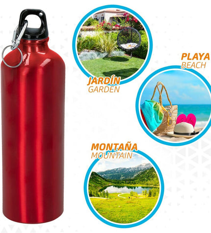 Aktive 750ml aluminum water bottles with carabiner clips, shown stacked, ideal for outdoor sports, camping, and hiking.