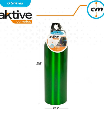 Active 750ml aluminum water bottle with carabiner, ideal for sports, outdoor, camping, and hiking activities.