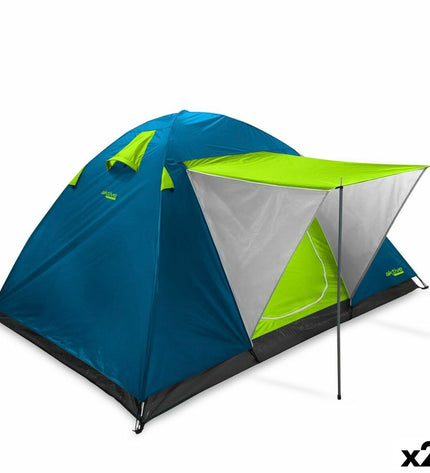 Two Aktive sport and outdoor Kampeertent sun tents in blue, measuring 240x130x210 cm, set up for camping and outdoor activities.