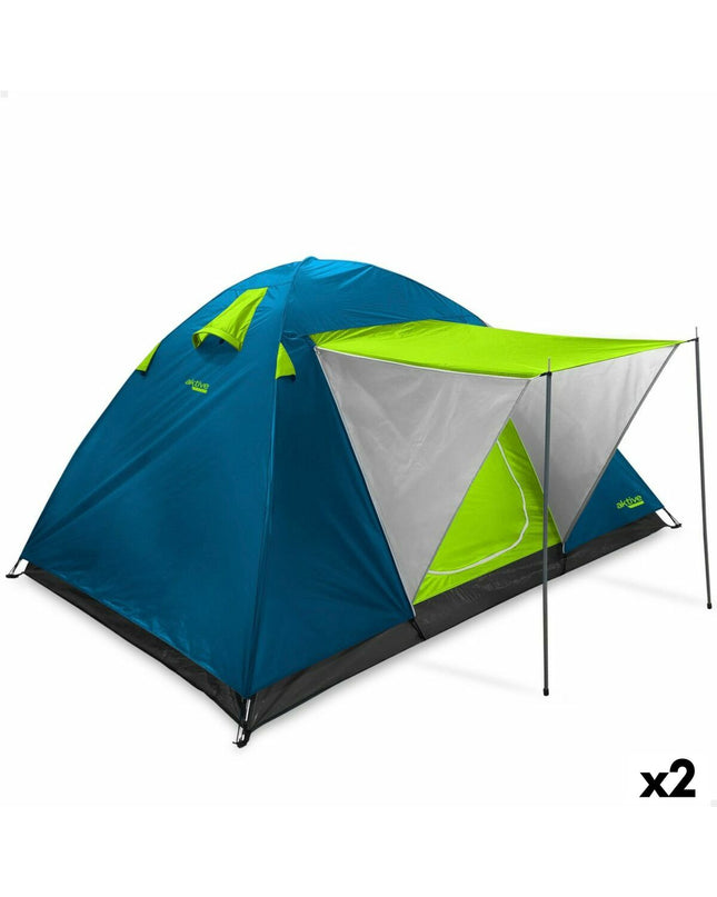 Two Aktive sport and outdoor Kampeertent sun tents in blue, measuring 240x130x210 cm, set up for camping and outdoor activities.