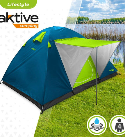 Two Aktive Kampeertenten outdoor sun tents, 240x130x210 cm, lightweight camping and hiking gear, set up in a natural outdoor setting.