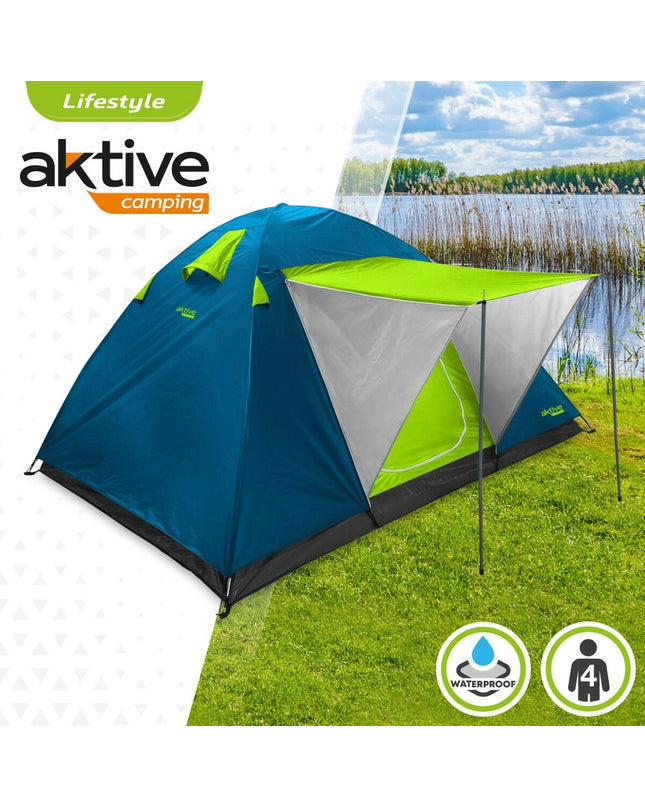 Two Aktive Kampeertenten outdoor sun tents, 240x130x210 cm, lightweight camping and hiking gear, set up in a natural outdoor setting.
