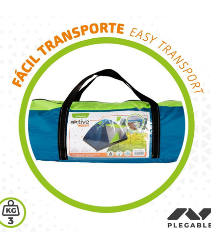 Two Aktive Kampeertenten for camping and outdoor activities, measuring 240x130x210 cm, set up outdoors for shade and shelter.
