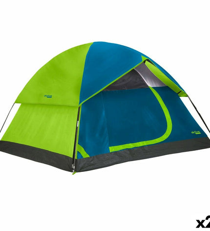 Two Aktive Kampeertenten for 4 persons, outdoor camping tents in green with door and window details, compact and durable design.