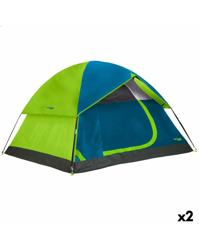 Two Aktive Kampeertenten for 4 persons, outdoor camping tents in green with door and window details, compact and durable design.