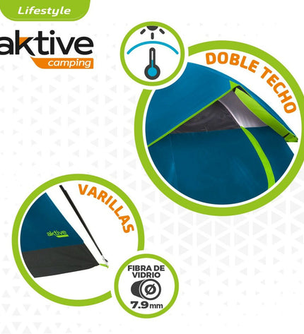 Two Aktive Kamping Tents for 4 persons, measuring 240 x 130 x 210 cm, set up outdoors for camping and outdoor activities.