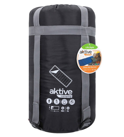 Six Aktive polyester sleeping bags, 180x75 cm, for camping and outdoor activities, shown laid out in a row.