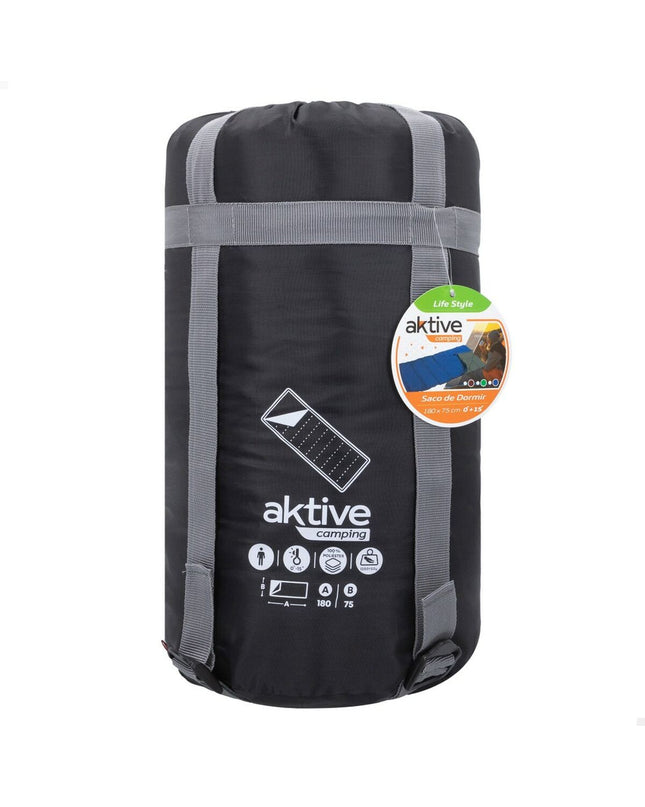 Six Aktive polyester sleeping bags, 180x75 cm, for camping and outdoor activities, shown laid out in a row.