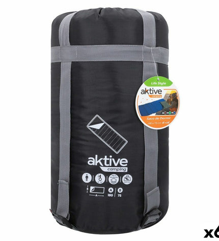 Six Aktive polyester sleeping bags for camping and outdoor activities, measuring 180 x 75 cm, ideal for hiking and outdoor adventures.