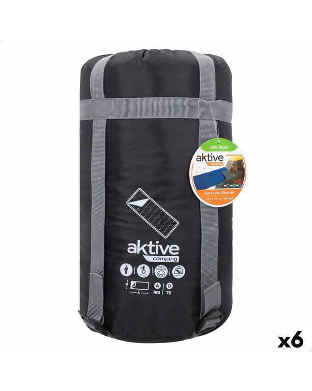 Six Aktive polyester sleeping bags for camping and outdoor activities, measuring 180 x 75 cm, ideal for hiking and outdoor adventures.