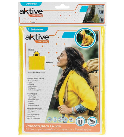 Yellow Aktive rain jackets for outdoor activities, shown in a pack of 48, ideal for camping and hiking.
