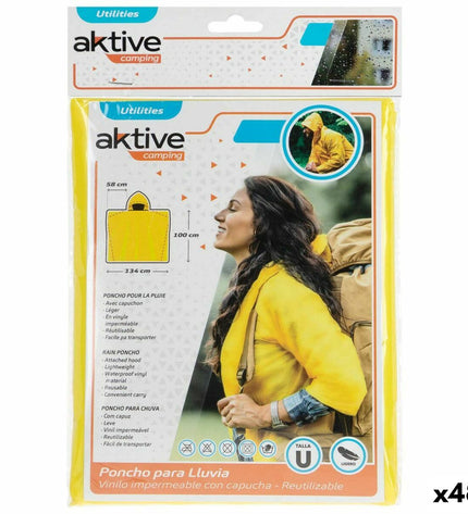 Aktive Regenjas Aktive Geel for outdoor activities, shown in bright yellow with waterproof material, ideal for camping and hiking.