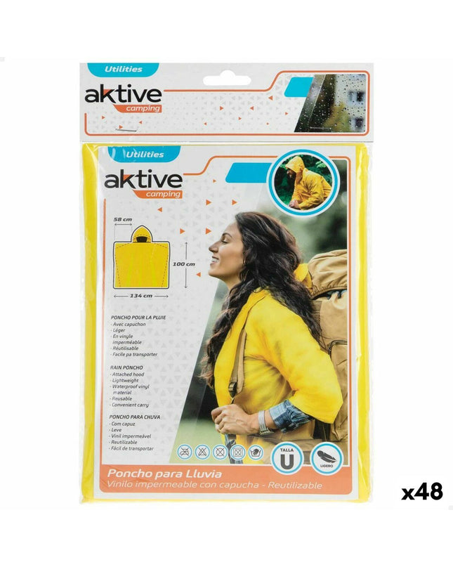 Aktive Regenjas Aktive Geel for outdoor activities, shown in bright yellow with waterproof material, ideal for camping and hiking.
