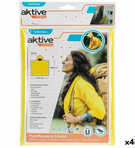 Yellow Aktive rain jackets for outdoor activities, 48-pack, ideal for camping and hiking, lightweight and waterproof.