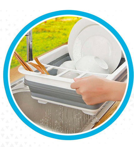 Aktive foldable kitchen dish rack with six slots, ideal for camping and outdoor cooking, shown in a compact, open position.