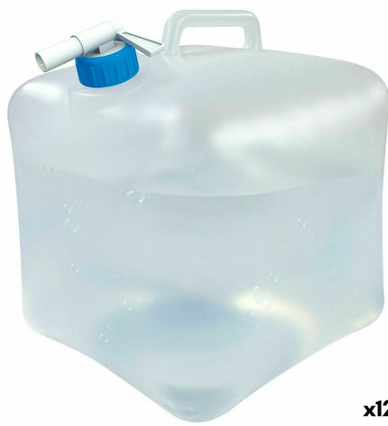 Aktive 10L polyethylene water bottles for outdoor activities, camping, and hiking, shown in a set of 12 with dimensions 22x26x22 cm.
