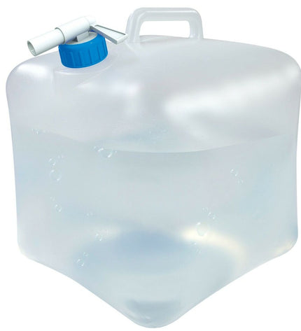 Set of 12 Aktive 15L polyethylene water bottles for outdoor activities, camping, and hiking, displayed with dimensions.