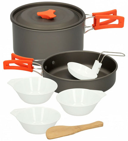 Aktive sport en outdoor keuken set met 4 pannen voor kamperen en wandelen, inclusief potten en deksels, geschikt voor outdoor activiteiten.