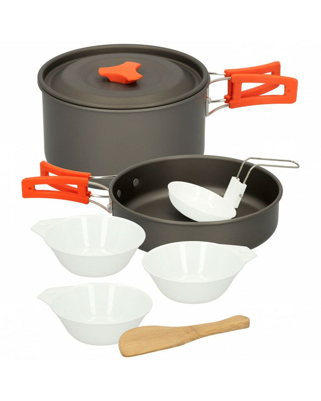 Aktive sport en outdoor keuken set met 4 pannen voor kamperen en wandelen, inclusief potten en deksels, geschikt voor outdoor activiteiten.