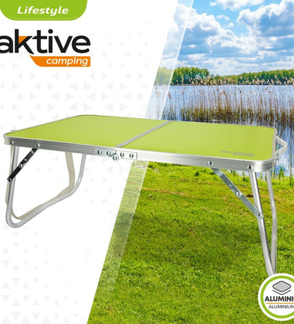 Set of four Aktive Vouwtafel Aktive Pistache camping tables, 60x25x40 cm, suitable for outdoor, camping, and hiking activities.