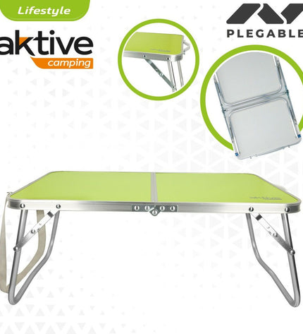 Set of four Aktive Vouwtafel Aktive Pistache camping tables, showing their compact, foldable design in outdoor camping setting.